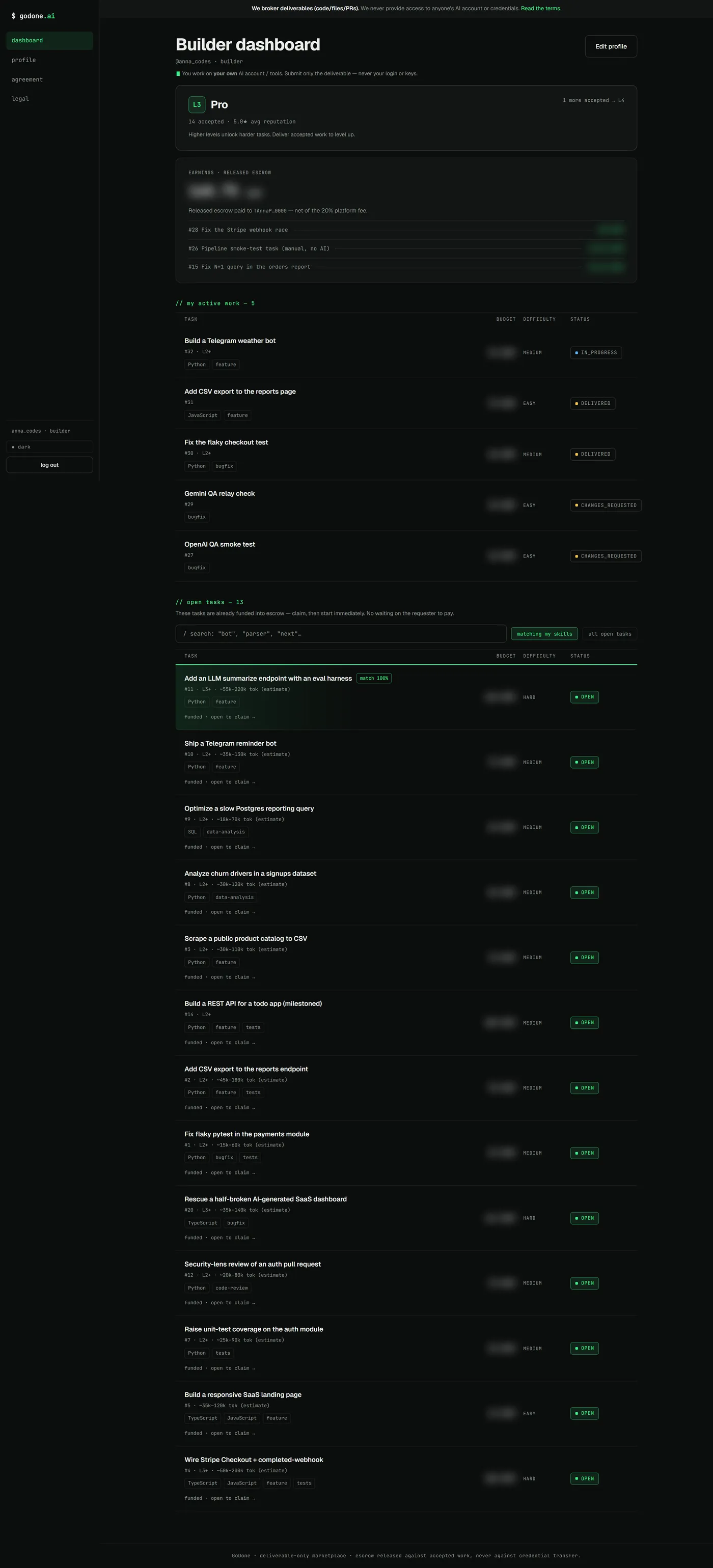 The GoDone builder dashboard: a list of open tasks with language and task-type tags, difficulty, token estimates, a match indicator and lifecycle status badges.