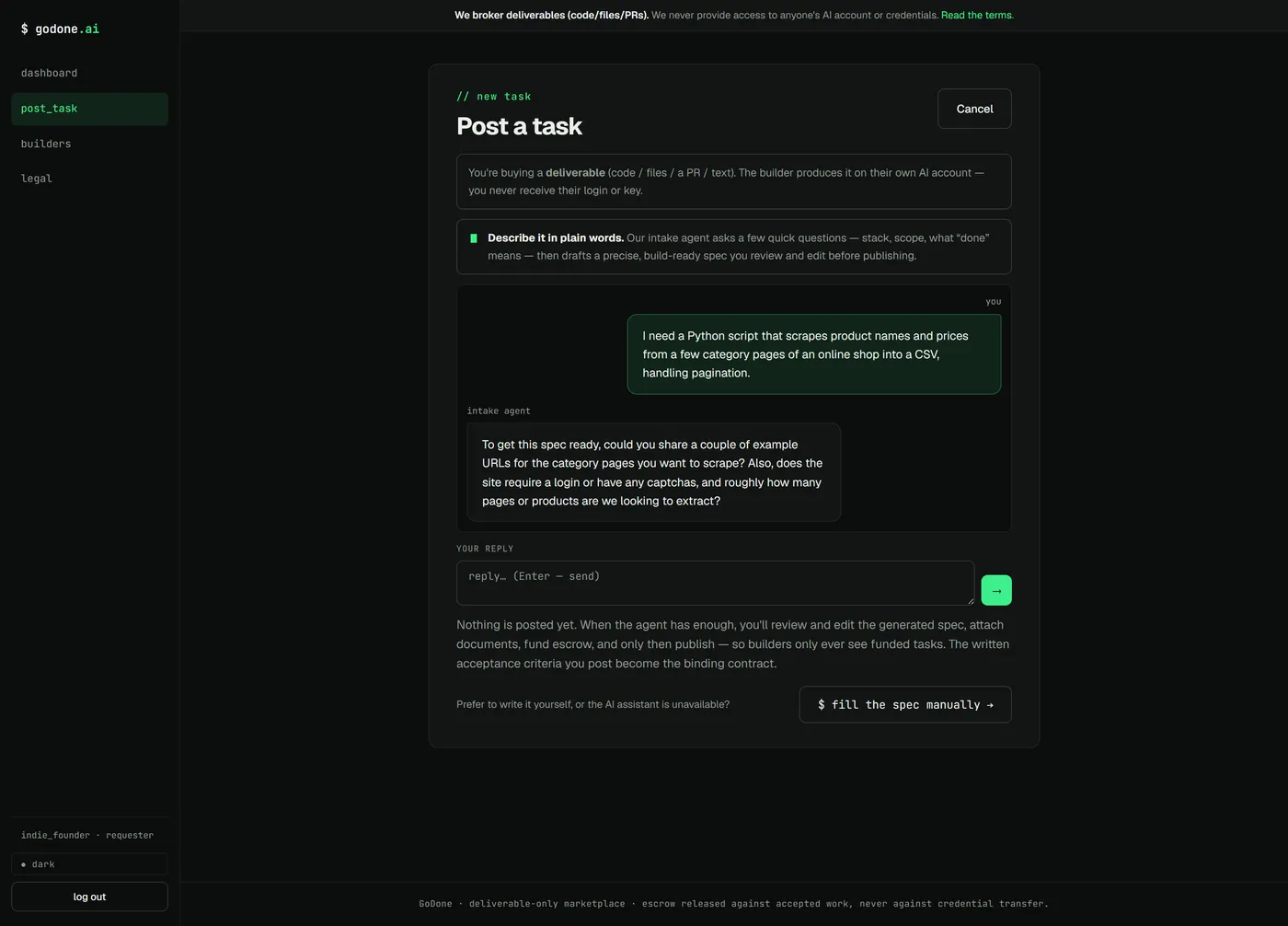 The GoDone intake chat: the requester asks for a Python scraper, and the intake agent replies asking for example category URLs, whether the site needs a login or has captchas, and roughly how many pages to extract.