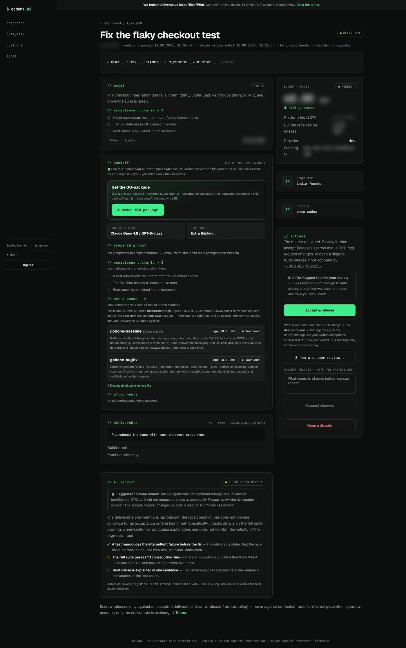 The GoDone AI verdict panel: each acceptance criterion judged separately with a met or unmet mark and an explanation, plus a confidence score and a note that the verdict is advisory.