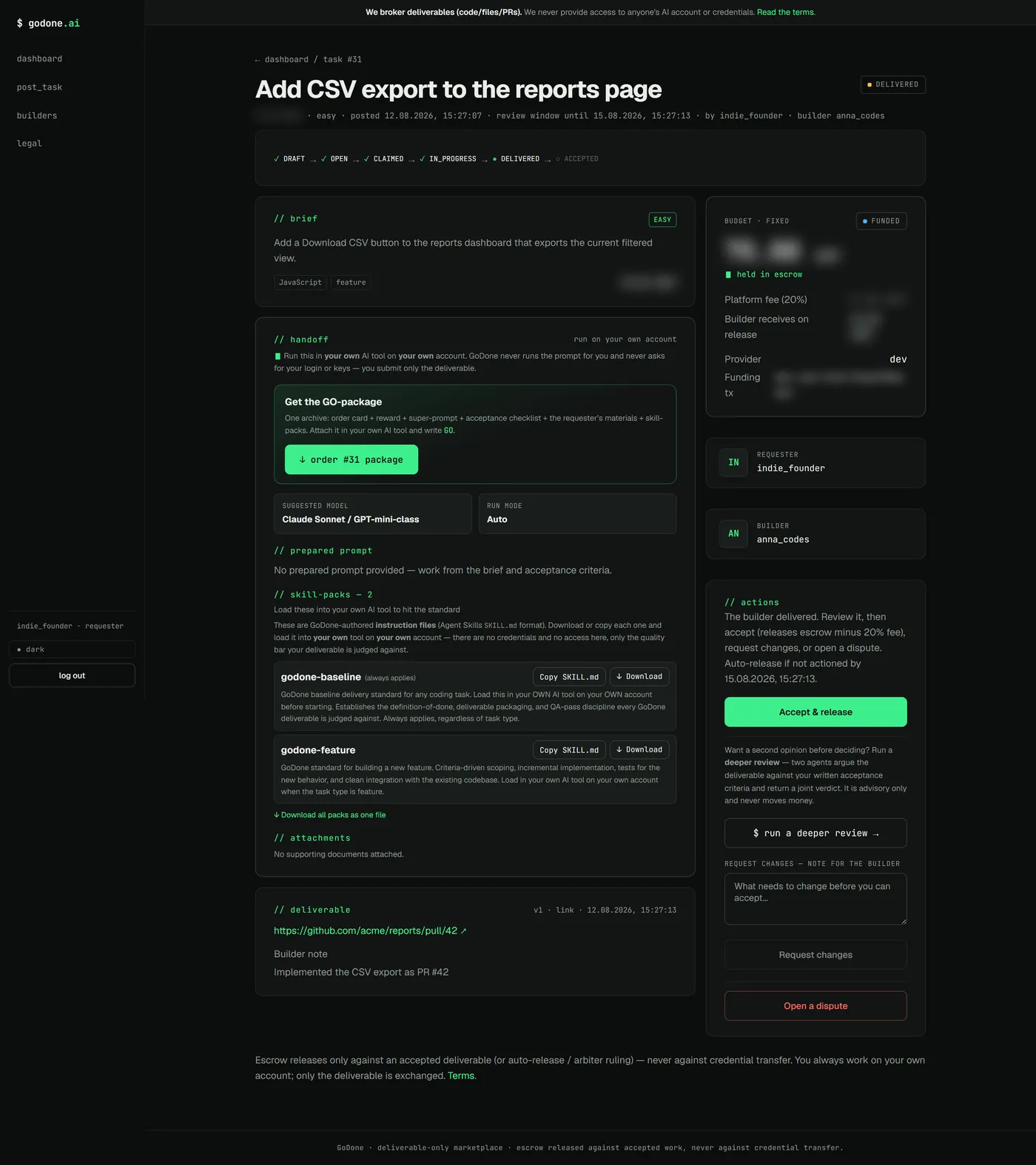 The GoDone task detail for the requester: the delivered artifact, the escrow card showing the platform fee and builder payout, and the accept, request-changes and dispute actions.