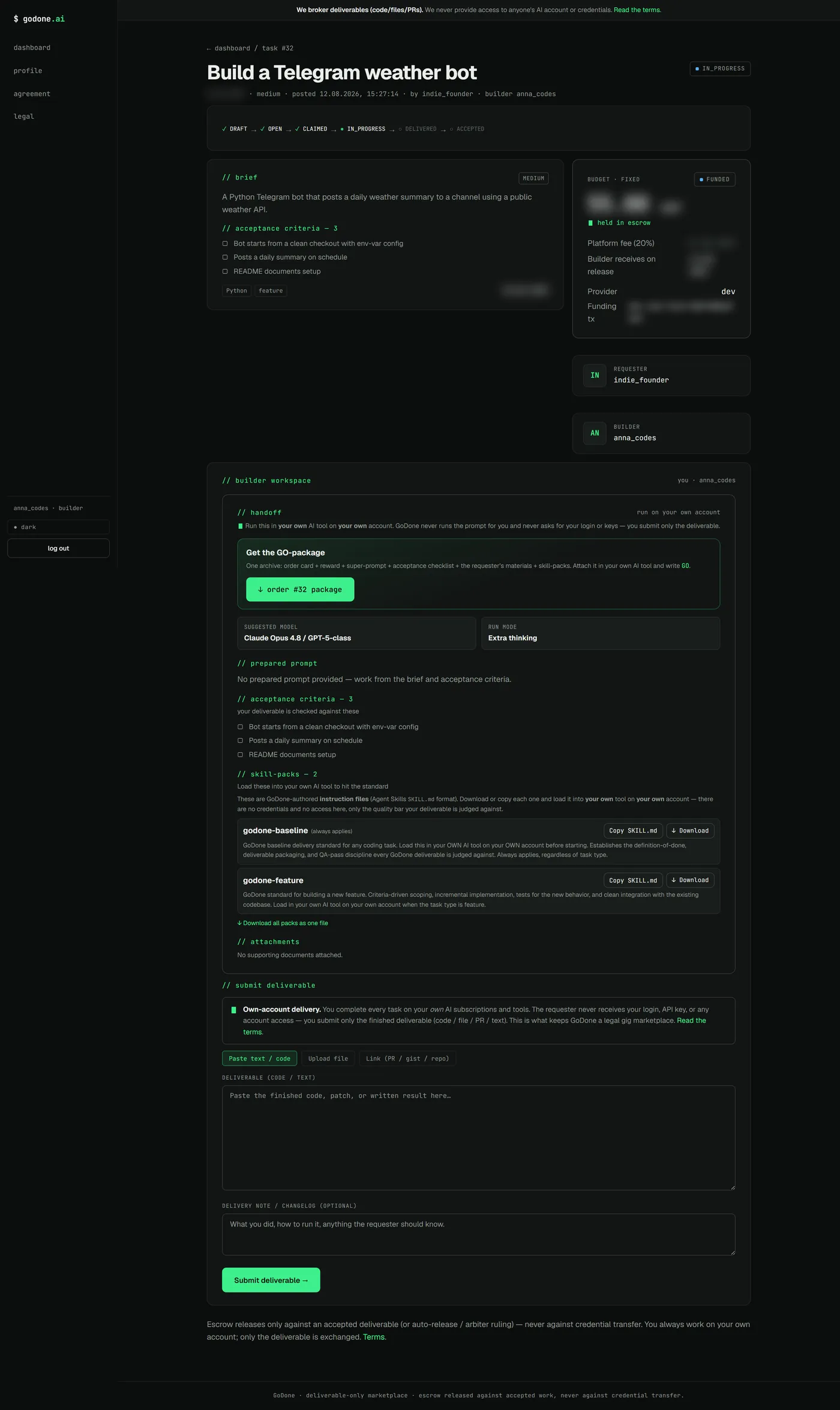 The GoDone builder workspace: a download button for the order package, the suggested model and run mode, acceptance criteria, quality skill-packs, and the form for submitting the finished deliverable.
